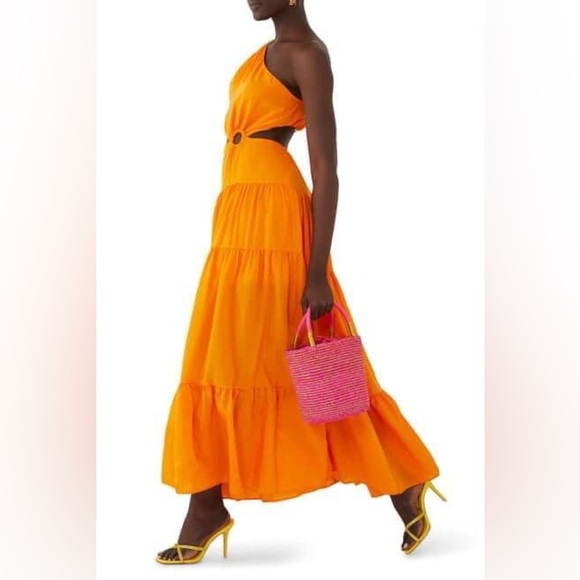 Farm Rio One-Shoulder Asymmetric Cutout Maxi Dress orange medium. NWT - Picture 2 of 4